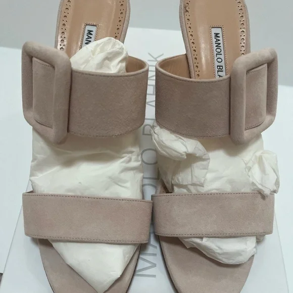 NIB MANOLO BLAHNIK GABLE SUEDE BUCKLE HEELED SLIDE SANDAL 39.5 - Picture 2 of 6